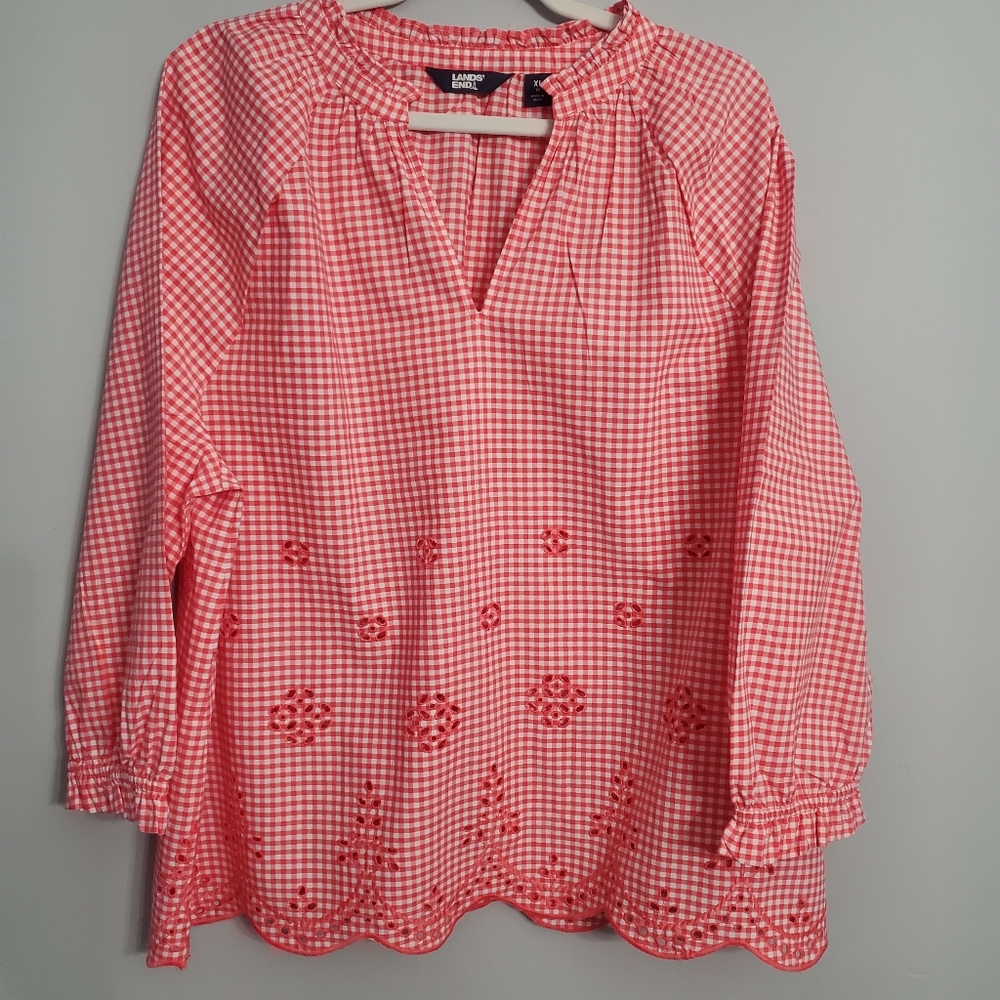Lands End Ladies Red Gingham Eyelet Split Neck Blouse cottagecore Sz XL NWOT